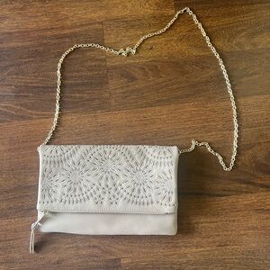 Massini Cream Floral Cutout Foldover Clutch with Gold Chain Strap